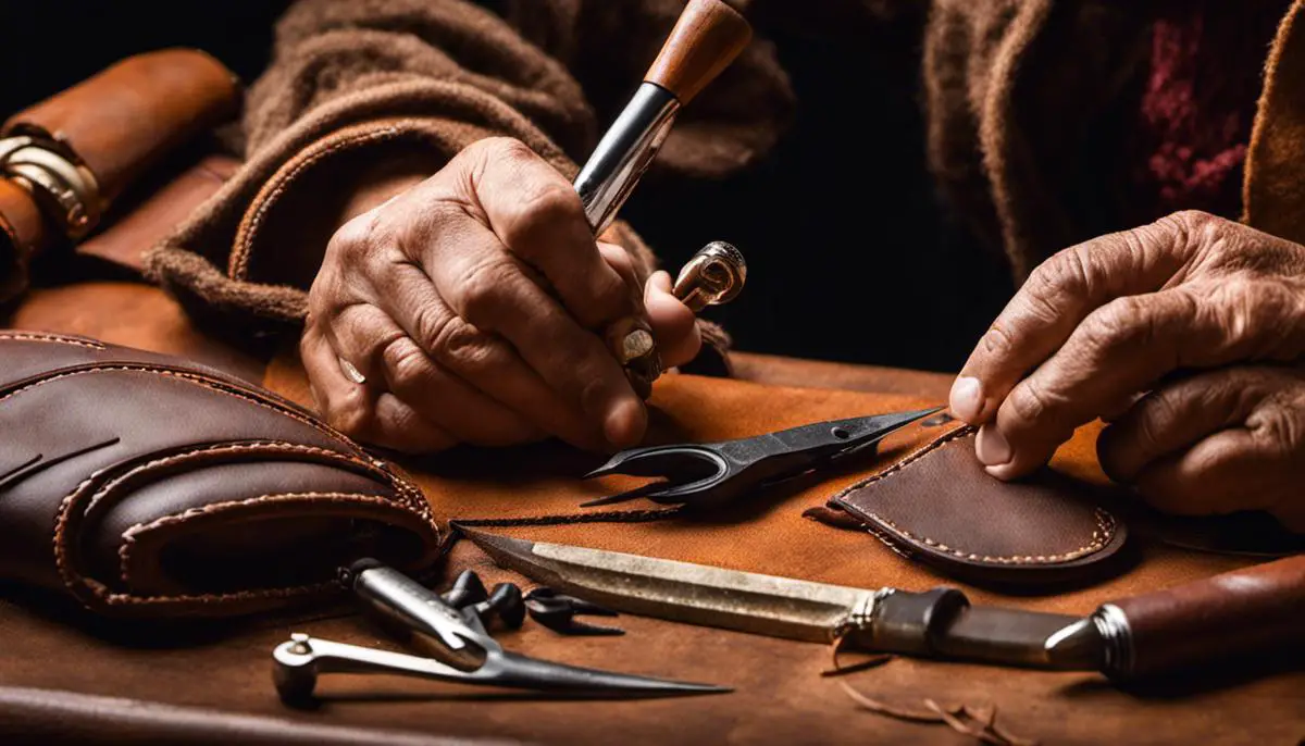A visually impaired person could not see this image. It shows a person crafting leather with various tools, showcasing the art and skill of leatherworking.