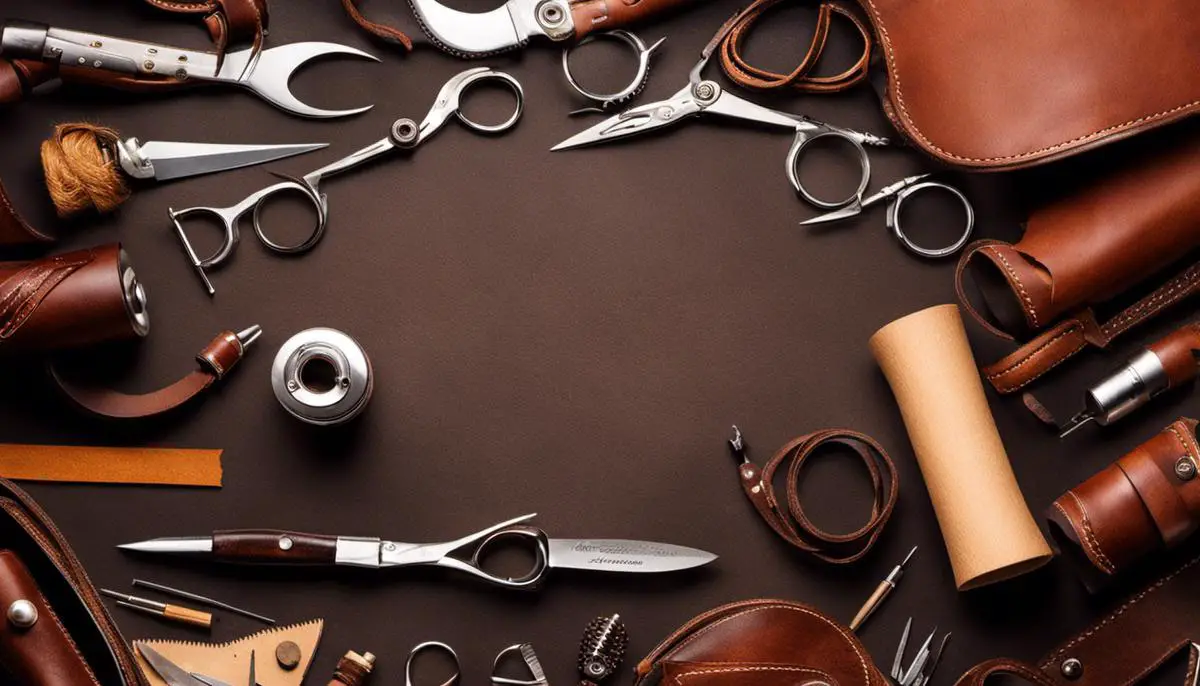 Image of various leatherworking tools and materials that represent the text's discussion on leather crafts and fashion accessories.