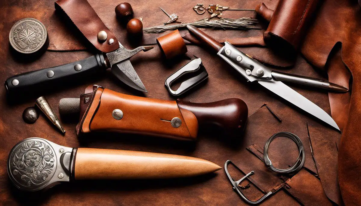 A photo showing a variety of leather crafting tools, including knives, punches, and stamps, representing the art of leatherworking.